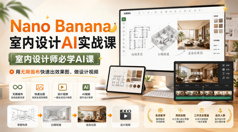 Nano Banana室内设计AI实战课，室内设计师必学AI课，用无限画布快速出效果图、做设计视频-天韵资源网