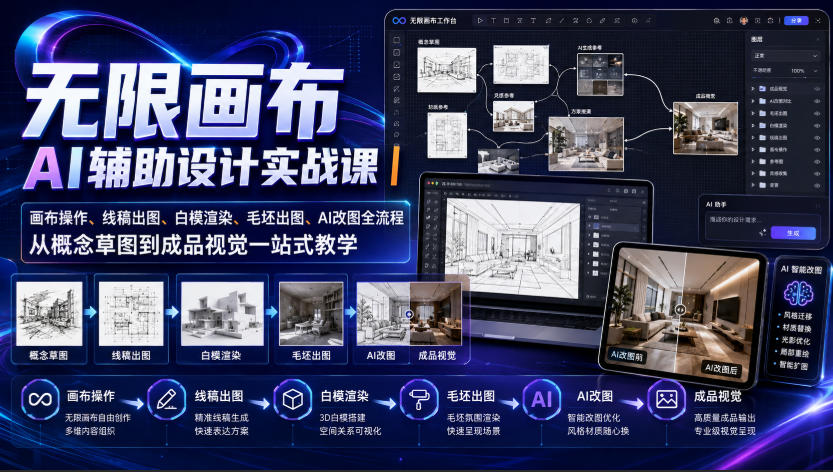 无限画布AI辅助设计实战课｜画布操作、线稿出图、白模渲染、毛坯出图、AI改图全流程，从概念草图到成品视觉一站式教学-天韵资源网