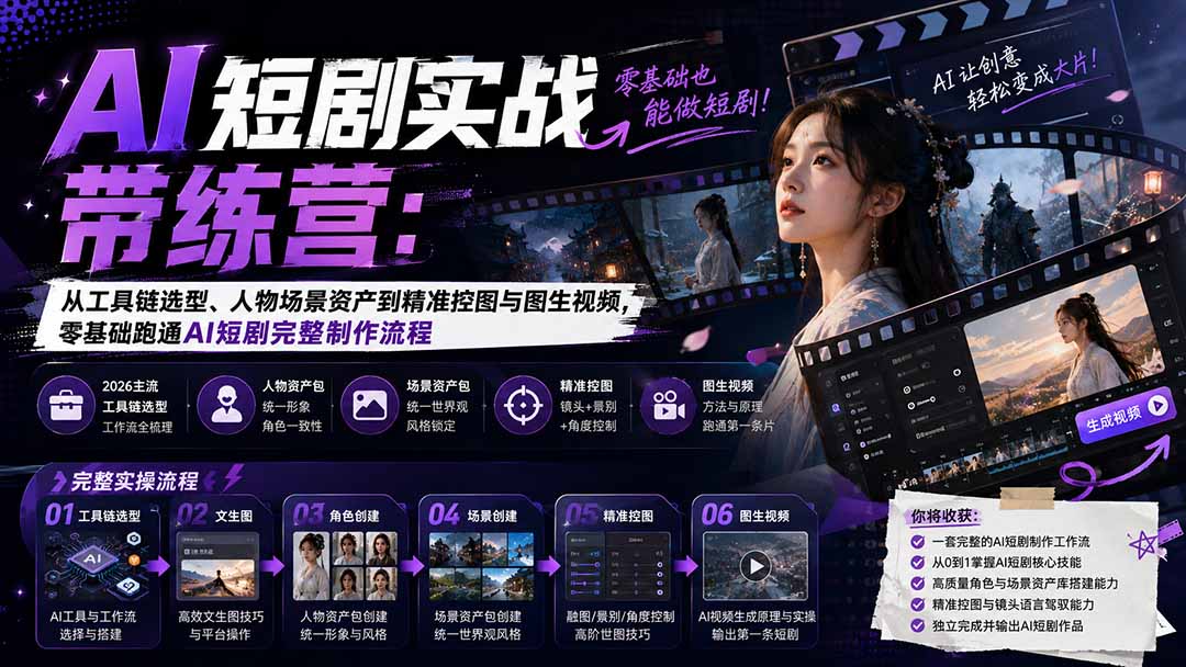 AI短剧实战训练营：从工具链选型、人物场景资产到精准控图与图生视频，零基础跑通AI短剧完整制作流程-天韵资源网