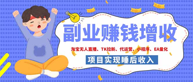 2026年多个真实落地副业项目，手把手带你搭建被动收入管道(淘宝无人直播、海外TK拉新…-天韵资源网