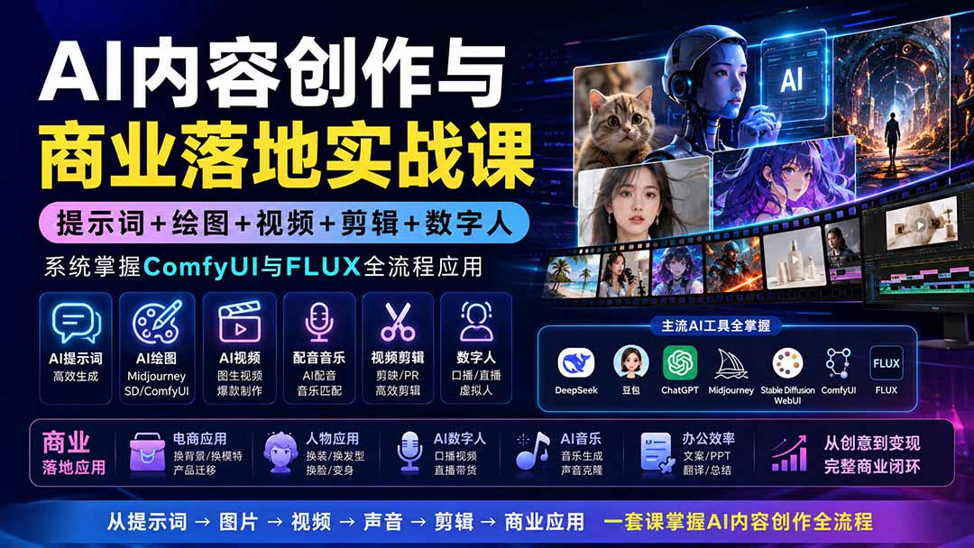 AI内容创作与商业落地实战课：提示词+绘图+视频+剪辑+数字人，系统掌握ComfyUI与FLUX全流程应用-天韵资源网