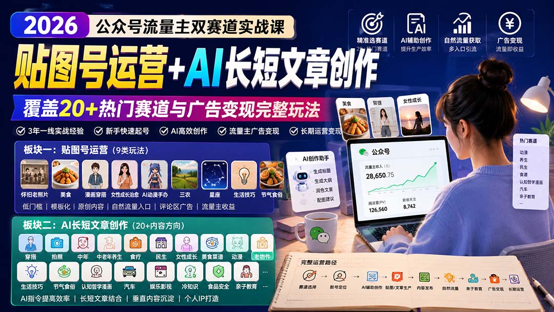 公众号流量主双赛道实战课:贴图号运营+AI长短文章创作,覆盖20+热门赛道与广告变现完整玩法-天韵资源网