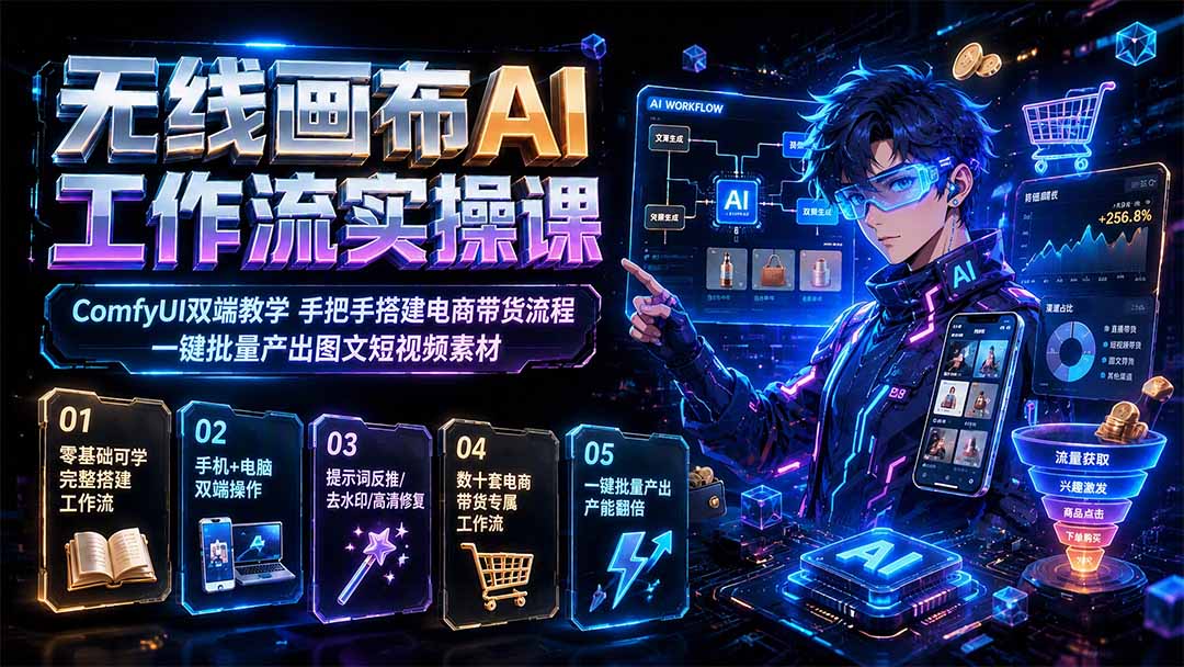 无线画布AI工作流实操课｜ComfyUI双端教学，手把手搭建电商带货流程，一键批量产出图文短视频素材-天韵资源网