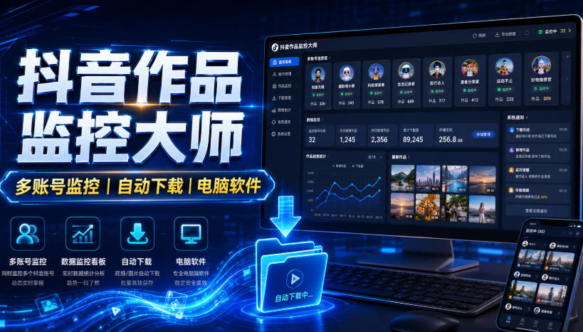 抖音作品监控大师，多账号监控丨自动下载丨电脑软件-天韵资源网