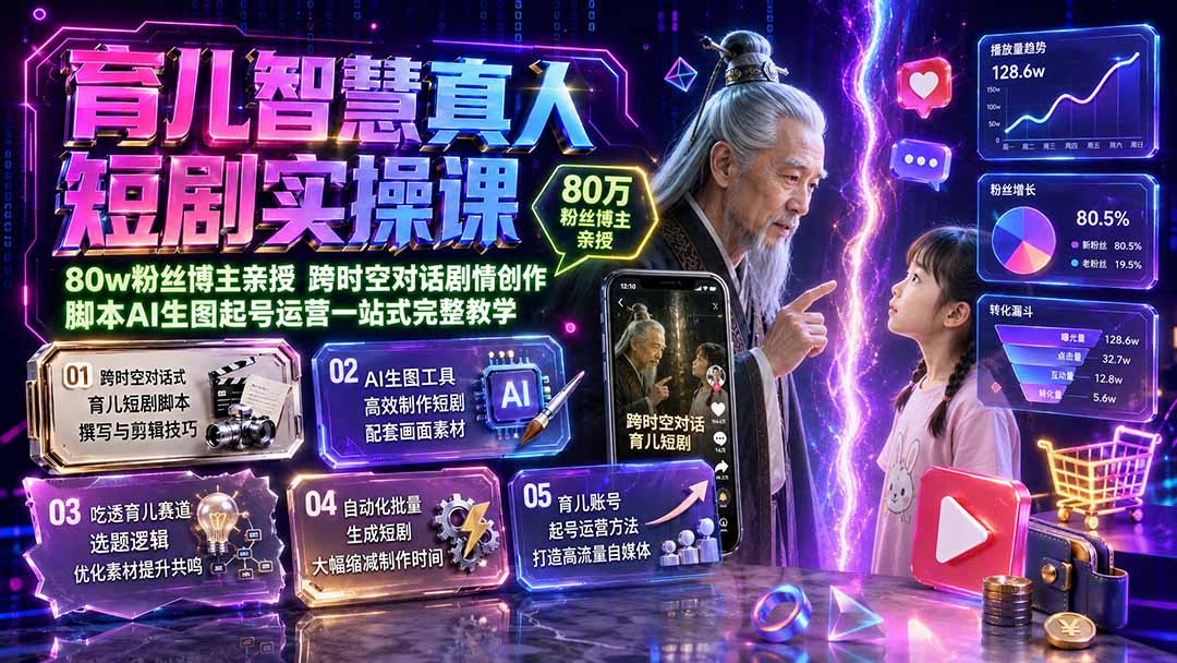 育儿智慧真人短剧实操课｜80w粉丝博主亲授，跨时空对话剧情创作，脚本AI生图起号运营一站式完整教学-天韵资源网