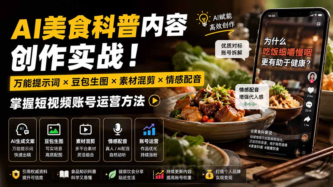 外面卖199元-AI美食科普内容创作实战！万能提示词×豆包生图×素材混剪×情感配音，掌握短视频账号运营方法-天韵资源网