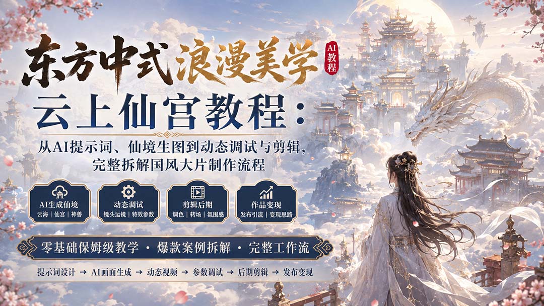 东方中式浪漫美学云上仙宫教程：从AI提示词、仙境生图到动态调试与剪辑，完整拆解国风大片制作流程-天韵资源网