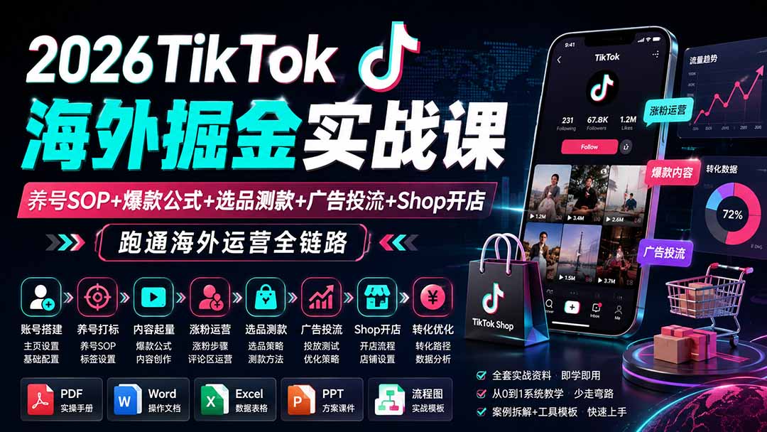 2026TikTok海外掘金实战课——养号SOP+爆款公式+选品测款+广告投流+Shop开店，跑通海外运营全链路-天韵资源网