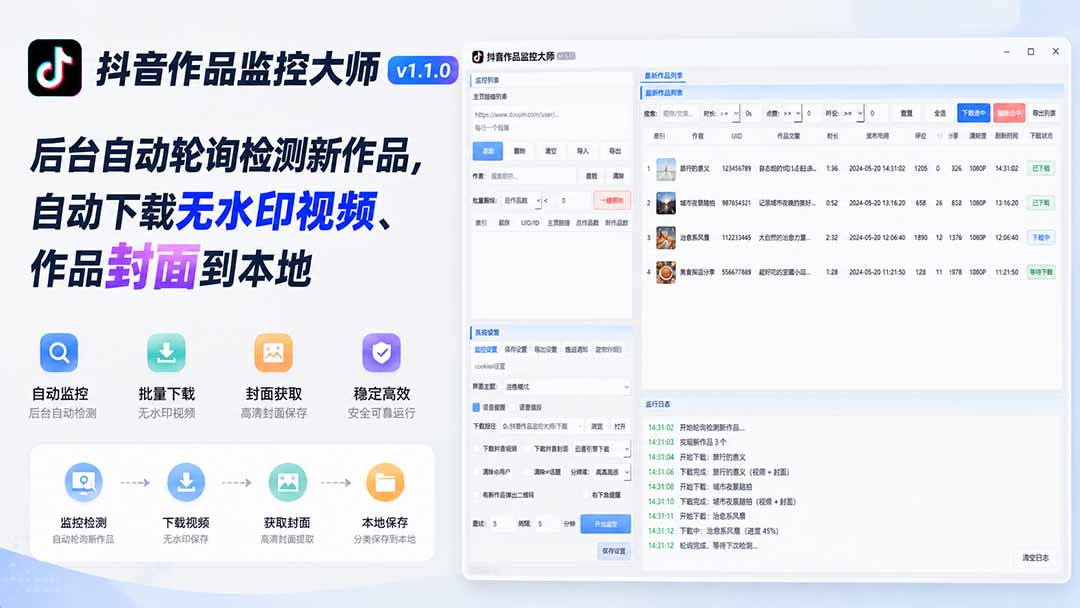 抖音作品监控大师v1.1.0：后台自动轮询检测新作品，自动下载无水印视频、作品封面到本地-天韵资源网