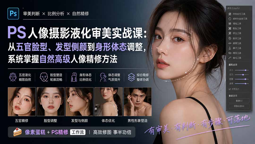 PS人像摄影液化审美实战课：从五官脸型、发型侧颜到身形体态调整，系统掌握自然高级人像精修方法-天韵资源网