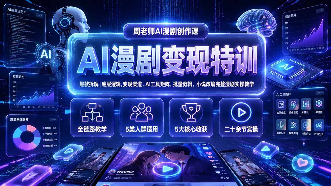 AI漫剧变现特训★爆款拆解｜底层逻辑，变现渠道，AI工具矩阵，批量剪辑，小说改编完整漫剧实操教学-天韵资源网