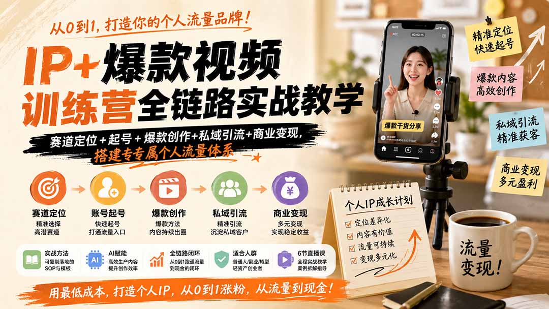 IP+爆款视频训练营全链路实战教学;赛道定位+起号+爆款创作+私域引流+商业变现,搭建专属个人流量体系-天韵资源网