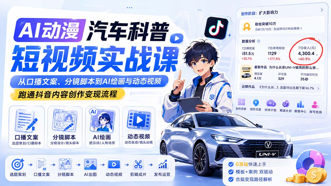 AI动漫汽车科普短视频实战课：从口播文案、分镜脚本到AI绘画与动态视频，跑通抖音内容创作变现流程-天韵资源网