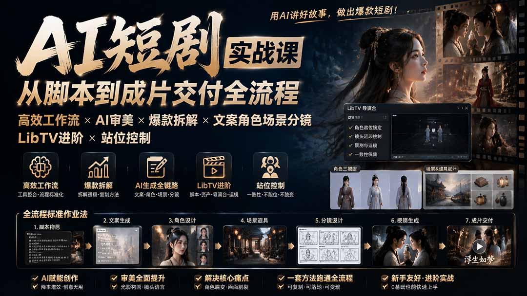 AI短剧实战课：高效工作流×AI审美×爆款拆解×文案角色场景分镜×LibTV进阶×站位控制×从脚本到成片交付全流程-天韵资源网