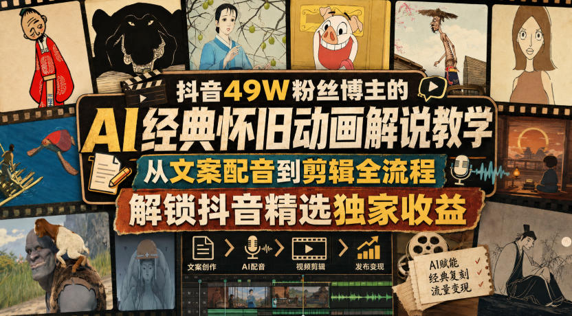 抖音49W粉丝博主的AI经典怀旧动画解说教学，从文案配音到剪辑全流程，解锁抖音精选独家收益-天韵资源网