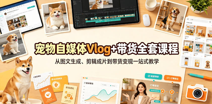 宠物自媒体Vlog+带货全套课程|从图文生成、剪辑成片到带货变现一站式教学-天韵资源网