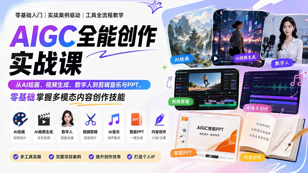 AIGC全能创作实战课：从AI绘画、视频生成、数字人到剪辑音乐与PPT，零基础掌握多模态内容创作技能-天韵资源网