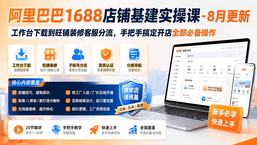 阿里巴巴1688店铺基建实操课-8月更新;工作台下载到旺铺装修客服分流,手把手搞定开店全部必备操作-天韵资源网