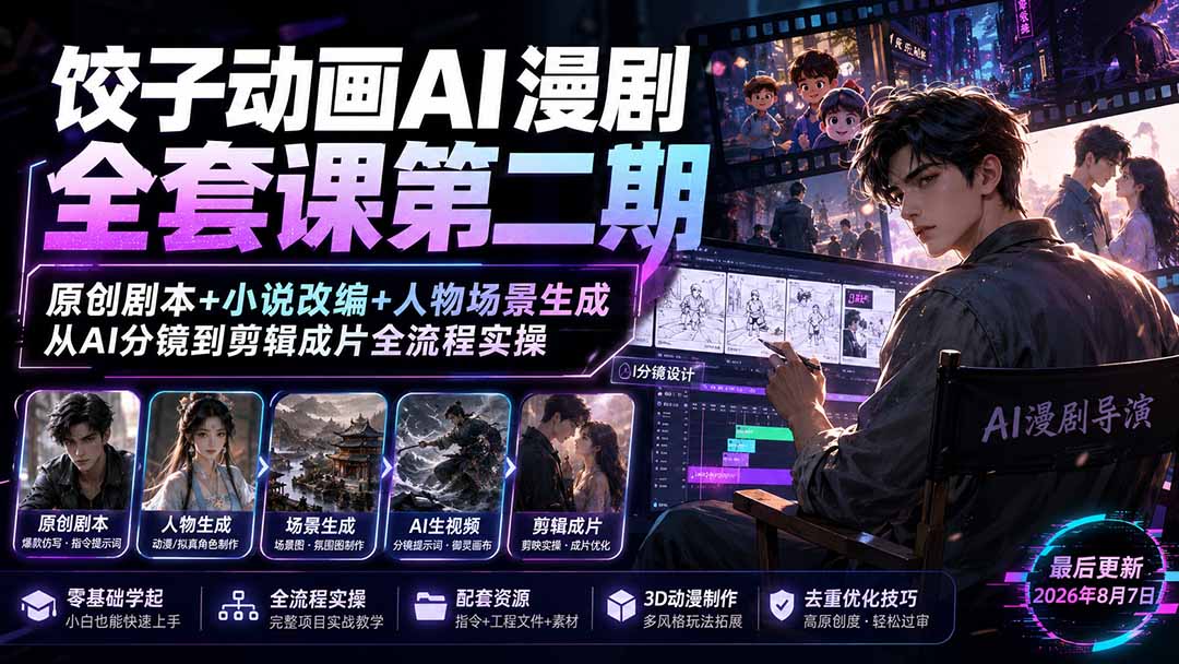 饺子动画AI漫剧全套课第二期：原创剧本+小说改编+人物场景生成，从AI分镜到剪辑成片全流程实操-天韵资源网