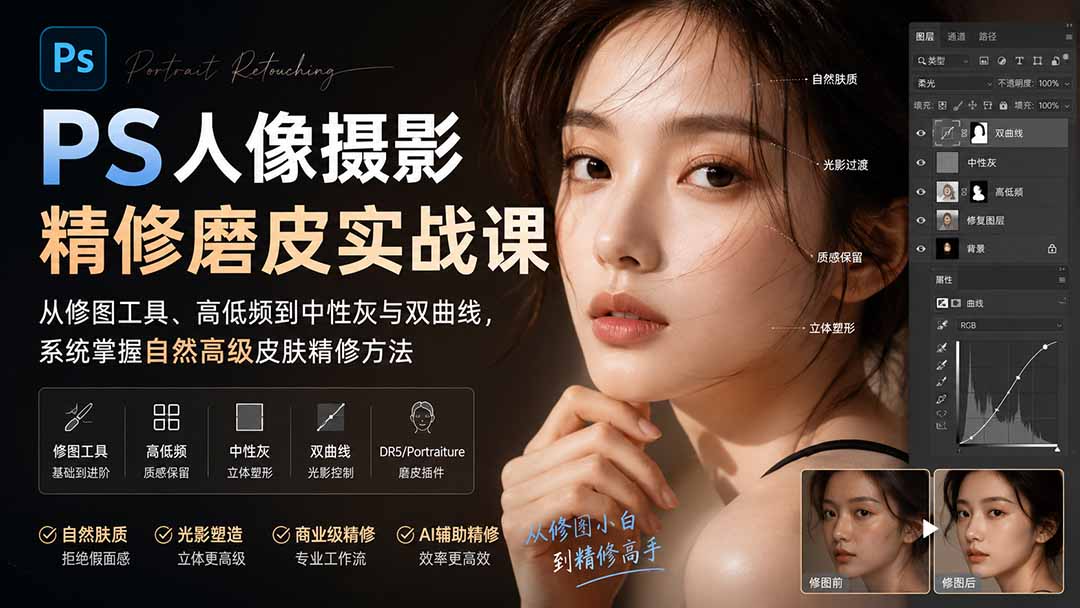 PS人像摄影精修磨皮实战课：从修图工具、高低频到中性灰与双曲线，系统掌握自然高级皮肤精修方法-天韵资源网