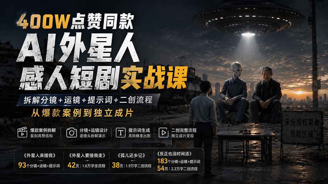 400W点赞同款AI外星人感人短剧实战课：拆解分镜+运镜+提示词+二创流程，从爆款案例到独立成片-天韵资源网