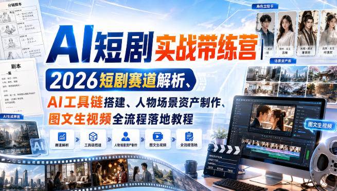AI短剧实战带练营｜2026短剧赛道解析、AI工具链搭建、人物场景资产制作、图文生视频全流程落地教程-天韵资源网