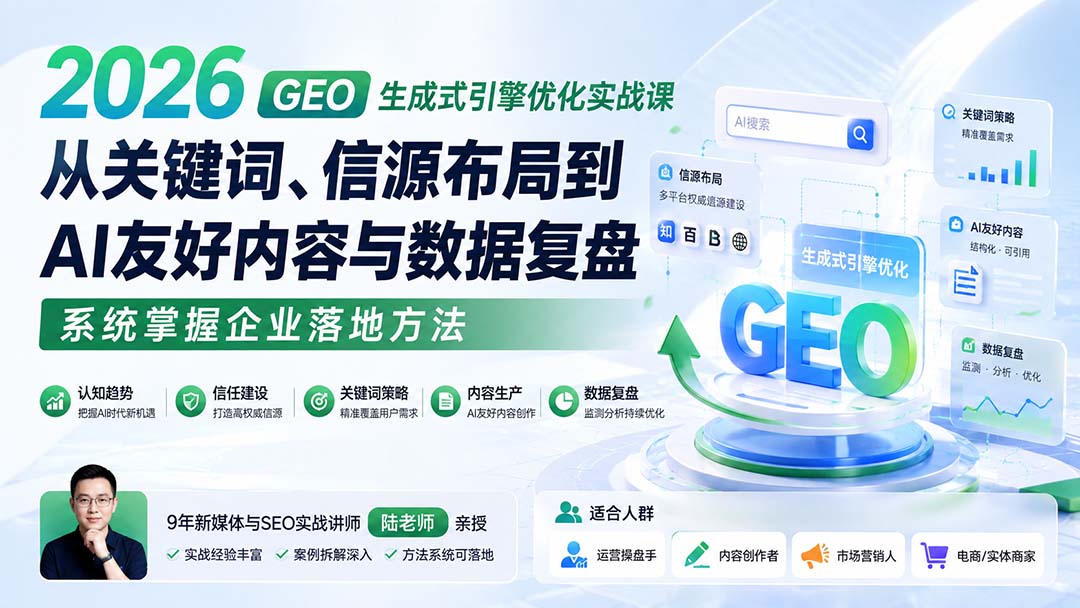 2026 GEO生成式引擎优化实战课：从关键词、信源布局到AI友好内容与数据复盘，系统掌握企业落地方法-天韵资源网