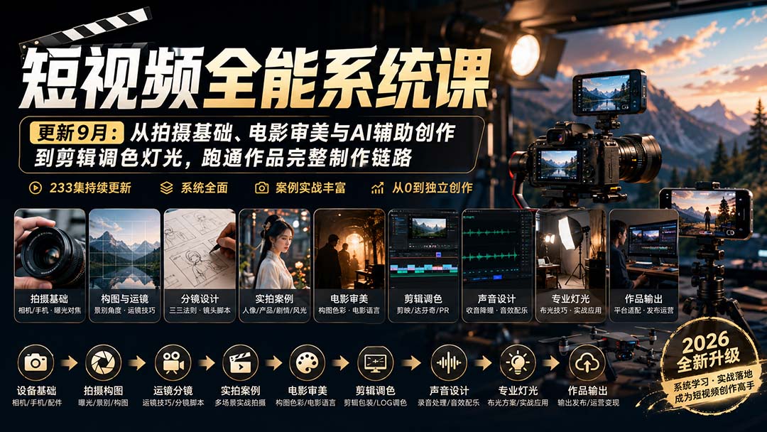 短视频全能系统课-更新8月233集：从拍摄基础、电影审美与AI辅助创作到剪辑调色灯光，跑通作品完整制作链路-天韵资源网