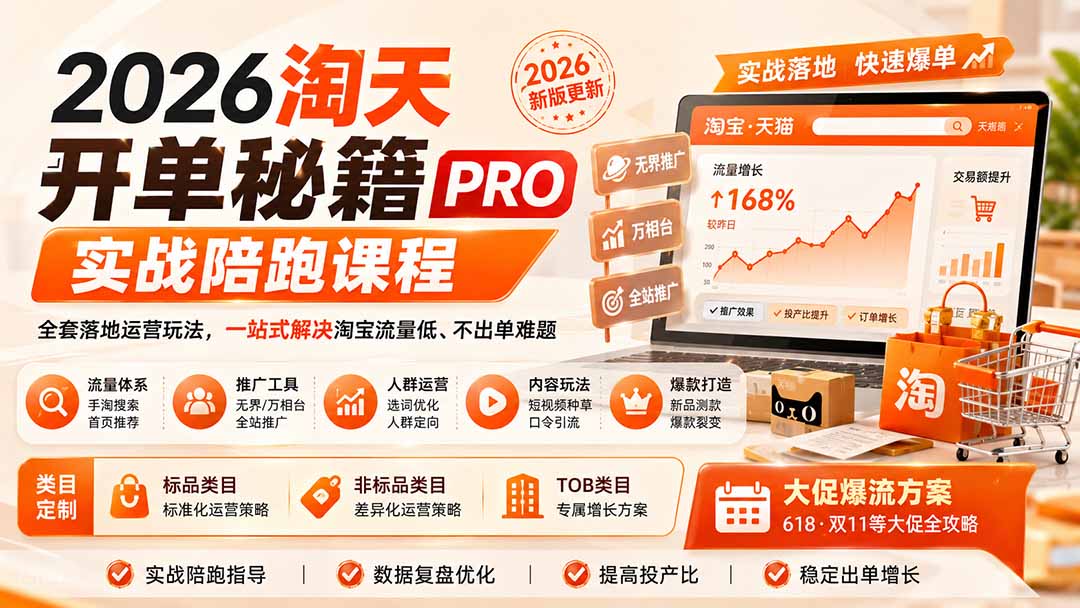 2026淘天开单秘籍PRO实战陪跑课程：全套落地运营玩法，一站式解决淘宝流量低、不出单难题(更新260823-天韵资源网