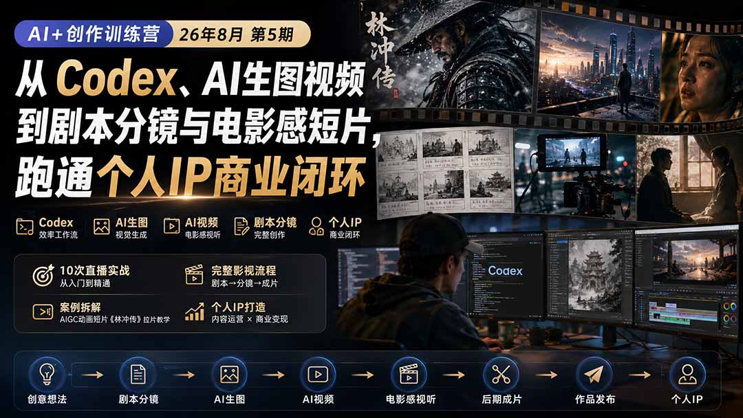 AI+创作训练营26年8月第5期：从Codex、AI生图视频到剧本分镜与电影感短片，跑通个人IP商业闭环-天韵资源网