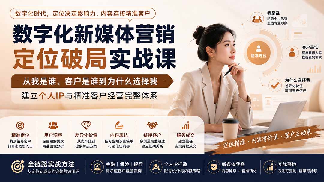 数字化新媒体营销定位破局实战课：从我是谁、客户是谁到为什么选择我，建立个人IP与精准客户经营完整体系-天韵资源网