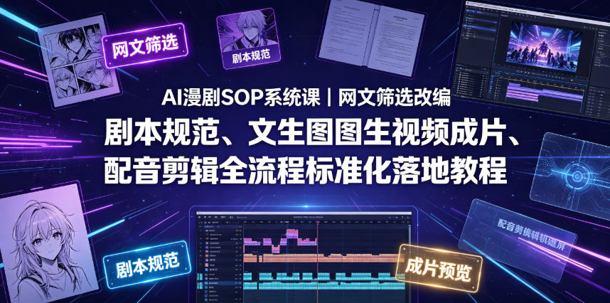 AI漫剧SOP系统课｜网文筛选改编、剧本规范、文生图图生视频成片、配音剪辑全流程标准化落地教程(更新0826)-天韵资源网