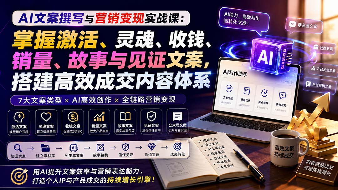 AI文案撰写与营销变现实战课:掌握激活、灵魂、收钱、销量、故事与见证文案,搭建高效成交内容体系-天韵资源网
