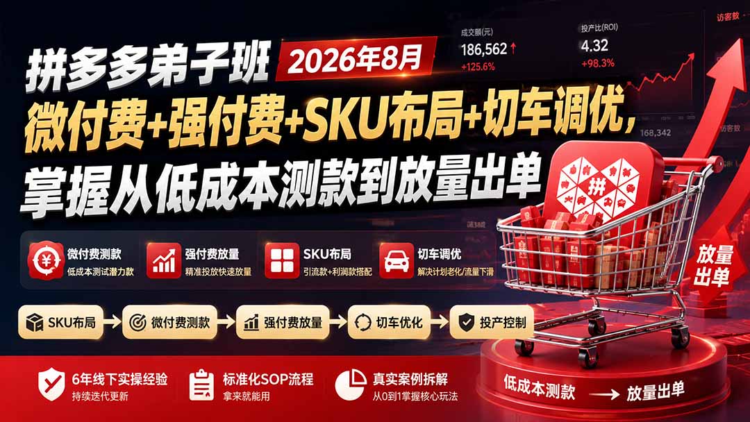 拼多多弟子班2026年8月：微付费+强付费+SKU布局+切车调优，掌握从低成本测款到放量出单-天韵资源网