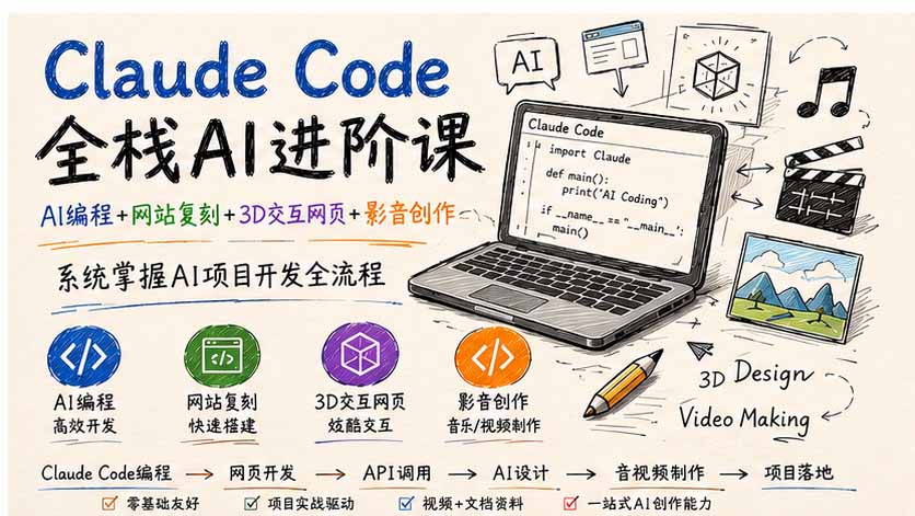 Claude Code全栈AI进阶课；AI编程+网站复刻+3D交互网页+影音创作，系统掌握AI项目开发全流程-天韵资源网