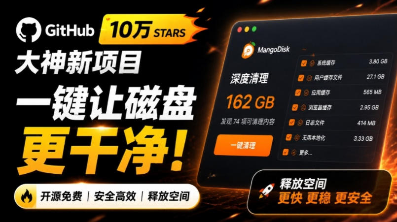 在Gtihub上做出10万stars的大神，又发布新项目了！一键让磁盘更干净，开源免费清理工具MangoDisk-天韵资源网