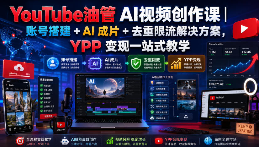 YouTube油管AI视频创作课｜账号搭建+AI成片+去重限流解决方案，YPP变现一站式教学-天韵资源网