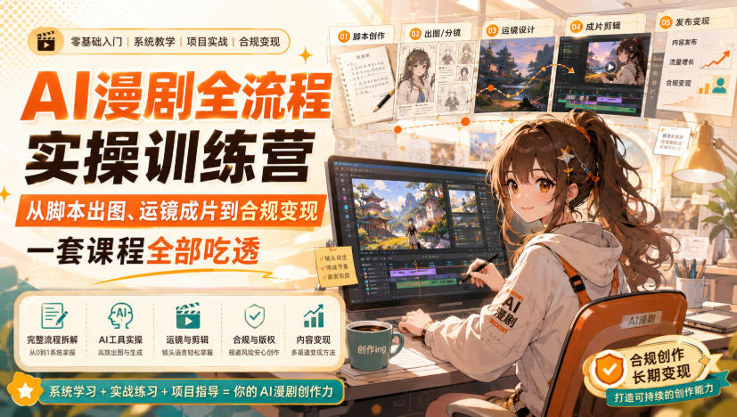 AI漫剧全流程实操训练营，从脚本出图、运镜成片到合规变现，一套课程全部吃透-天韵资源网