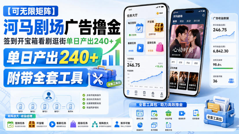 【可无限矩阵】河马剧场广告撸金,签到开宝箱看剧逛街单日产出240+,附带全套工具【揭秘】-天韵资源网