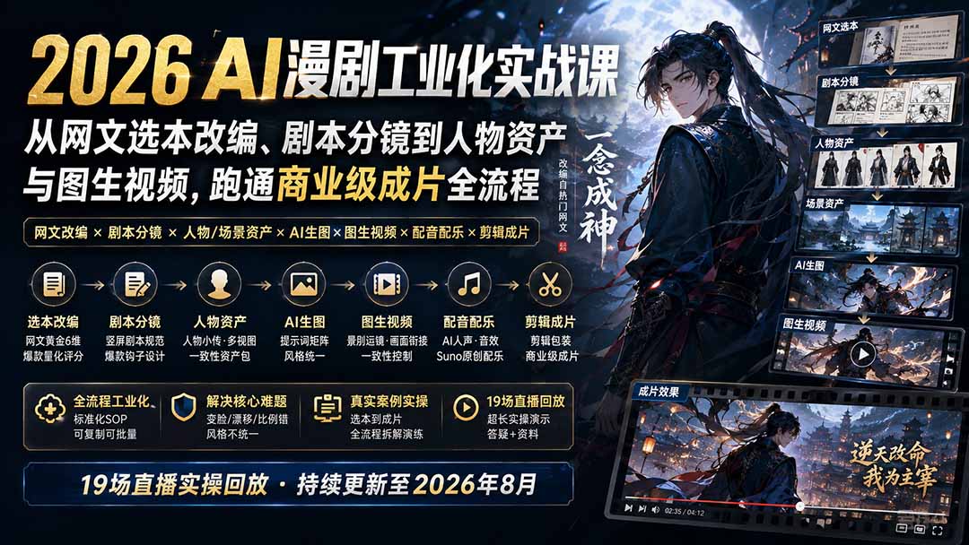 2026 AI漫剧工业化实战课-更新：从网文选本改编、剧本分镜到人物资产与图生视频，跑通商业级成片全流程-天韵资源网
