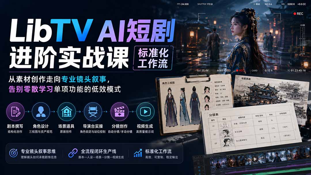 LibTV AI短剧进阶实操课标准化工作流；从素材创作走向专业镜头叙事，告别零散学习单项功能的低效模式-天韵资源网