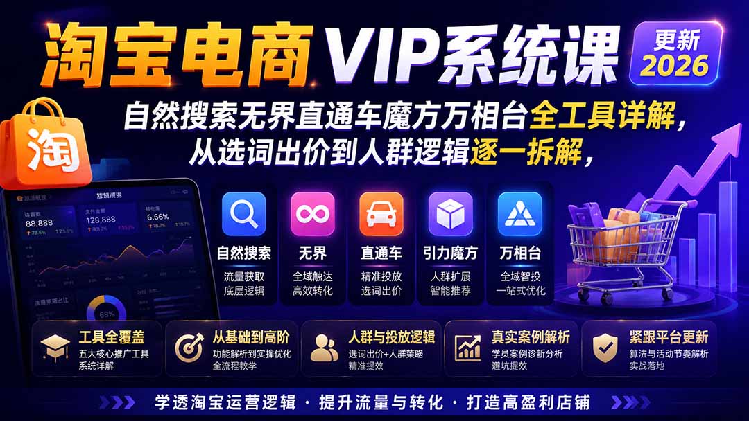图片[1]-淘宝电商VIP系统课-更新8月；自然搜索无界直通车魔方万相台全工具详解，从选词出价到人群逻辑逐一拆解-天韵资源网