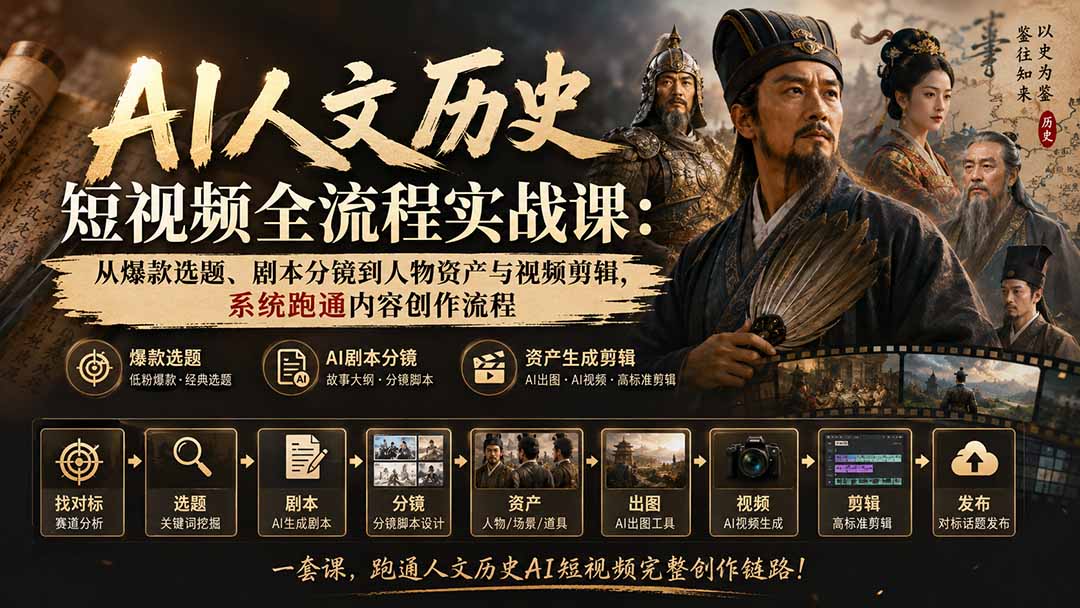 AI人文历史短视频全流程实战课：从爆款选题、剧本分镜到人物资产与视频剪辑，系统跑通内容创作流程-天韵资源网