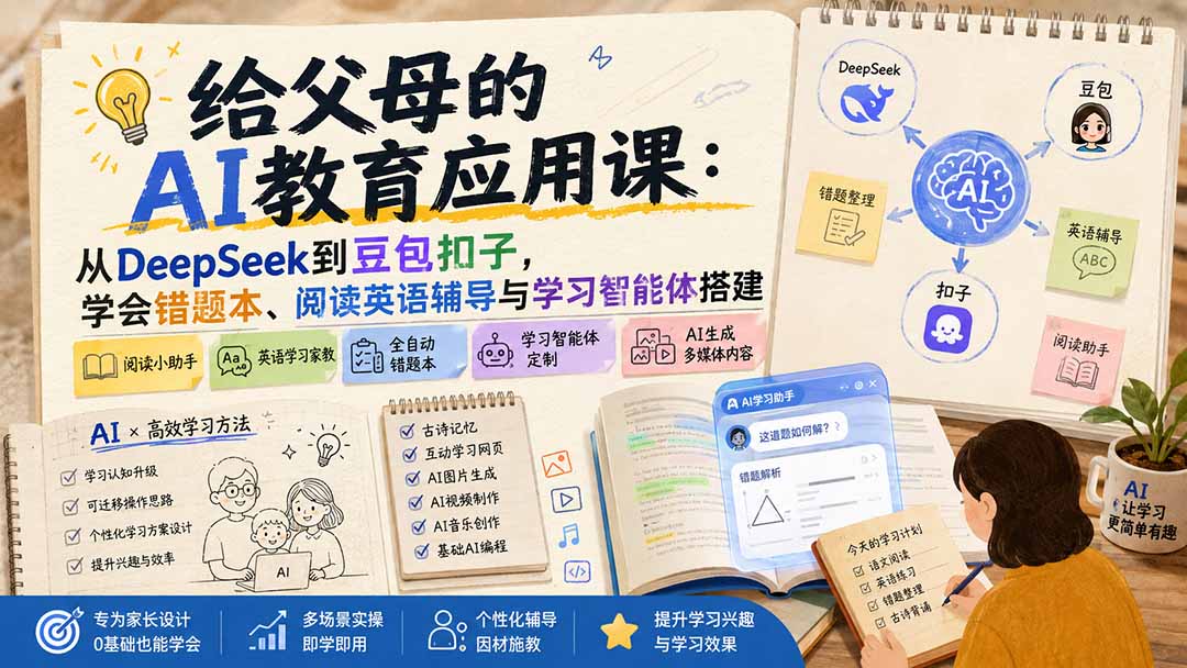 给父母的AI教育应用课：从DeepSeek到豆包扣子，学会错题本、阅读英语辅导与学习智能体搭建-天韵资源网
