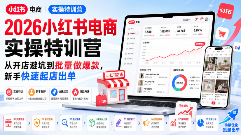 2026小红书电商实操特训营，从开店避坑到批量做爆款，新手快速起店出单-天韵资源网
