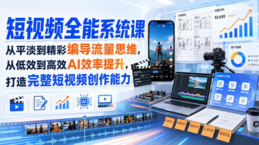 短视频全能系统课，从平淡到精彩编导流量思维，从低效到高效AI效率提升，打造完整短视频创作能力(2026年8月30更新233集)-天韵资源网