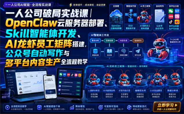 一人公司破局实战课｜OpenClaw云服务器部署、Skill智能体开发、AI龙虾员工矩阵搭建，公众号自动写作与多平台内容生产全流程教学-天韵资源网