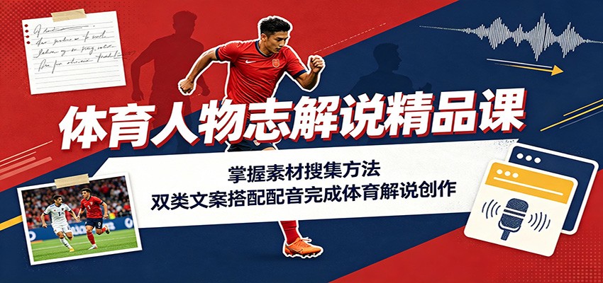 体育人物志解说精品课：掌握素材搜集方法，双类文案搭配配音完成体育解说创作-天韵资源网