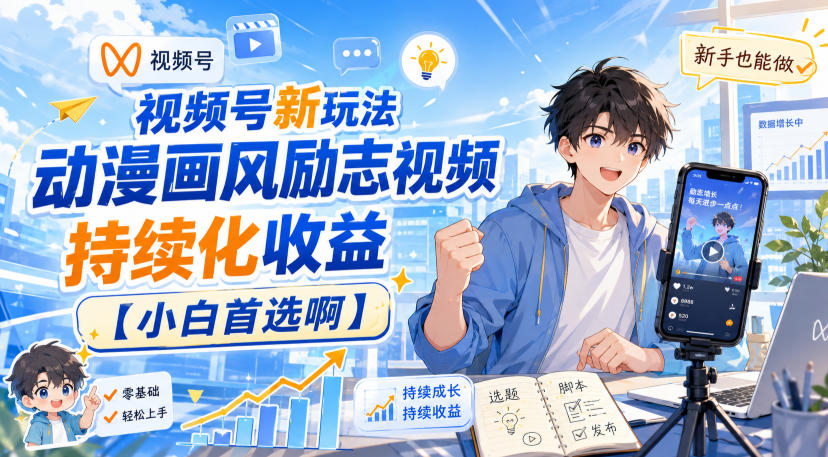 视频号新玩法动漫画风励志视频，持续化收益【小白首选啊】-天韵资源网