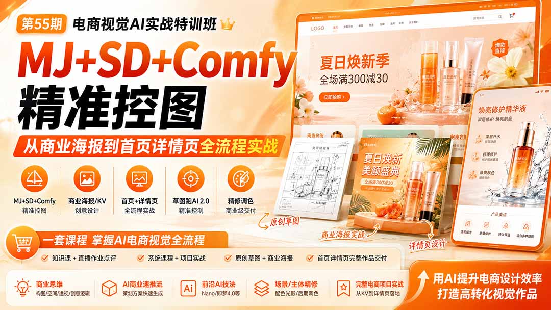 电商视觉 AI实战训练营第55期：MJ+SD+Comfy精准控图，从商业海报到首页详情页全流程实战-天韵资源网